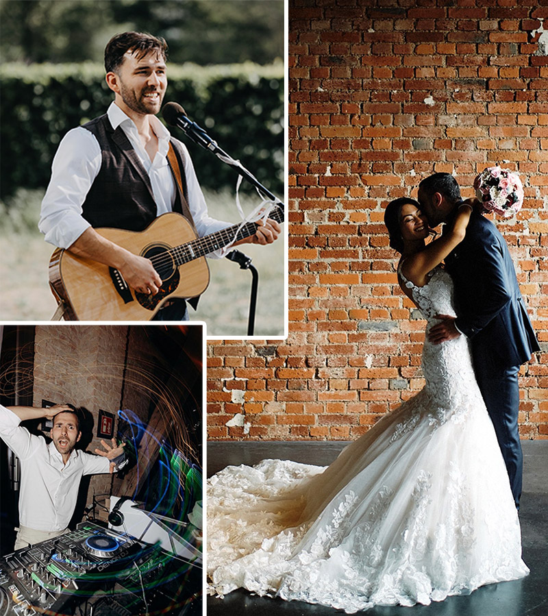 hochzeitssänger und hochzeits dj mit Brautpaar auf Collage